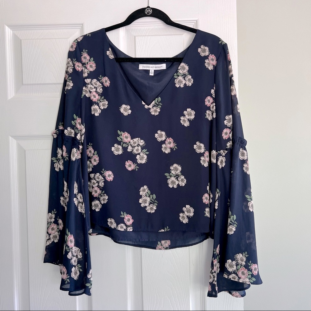 Blue floral long flare sleeve shirt